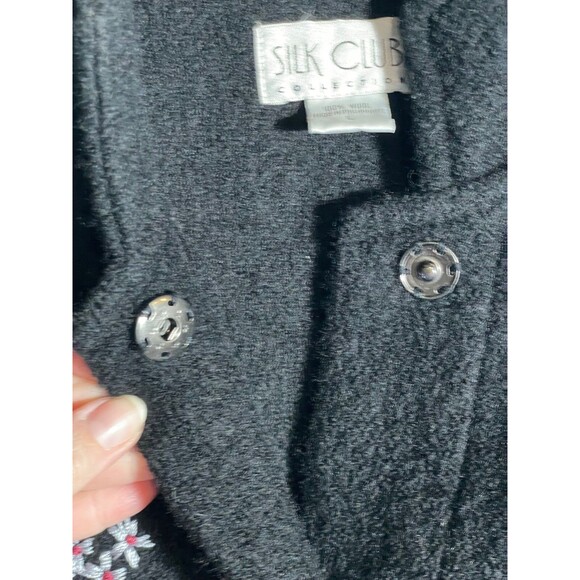 Vintage Silk Club Wool Embroidered Floral Jacket Coat Cardigan Black Boho Large - Picture 7 of 11